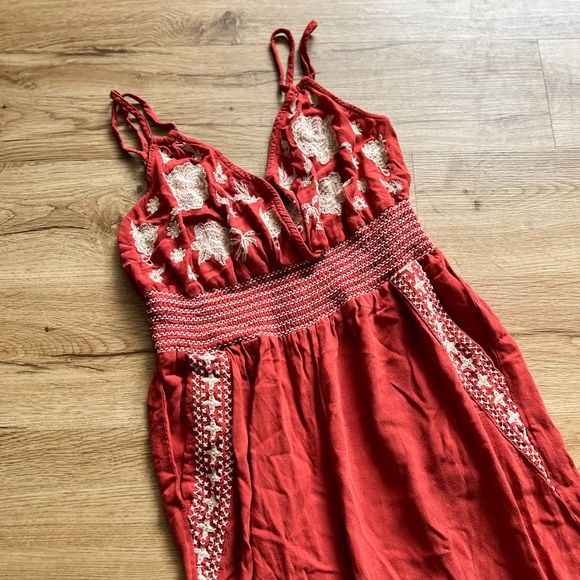 FINAL SALE American Eagle Boho Embroidered Rust Wide Leg Smocked Jumpsuit - Picture 6 of 8